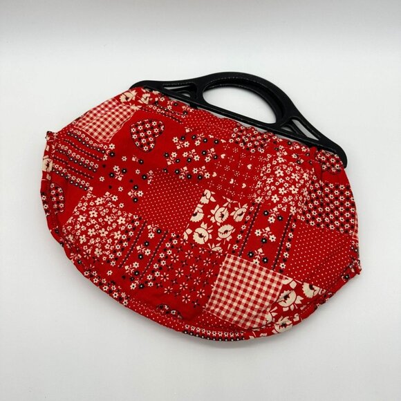 Handmade Handbags - Vintage Handmade Reversible Tote Purse Top Handle Bag Blue Red Patchwork Floral